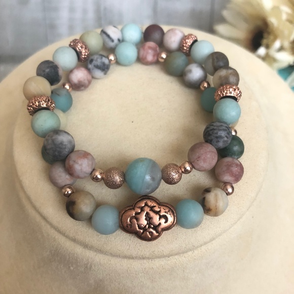 Beaded Bracelet Set w/ Rose Gold Accents Amazonite - Picture 6 of 7